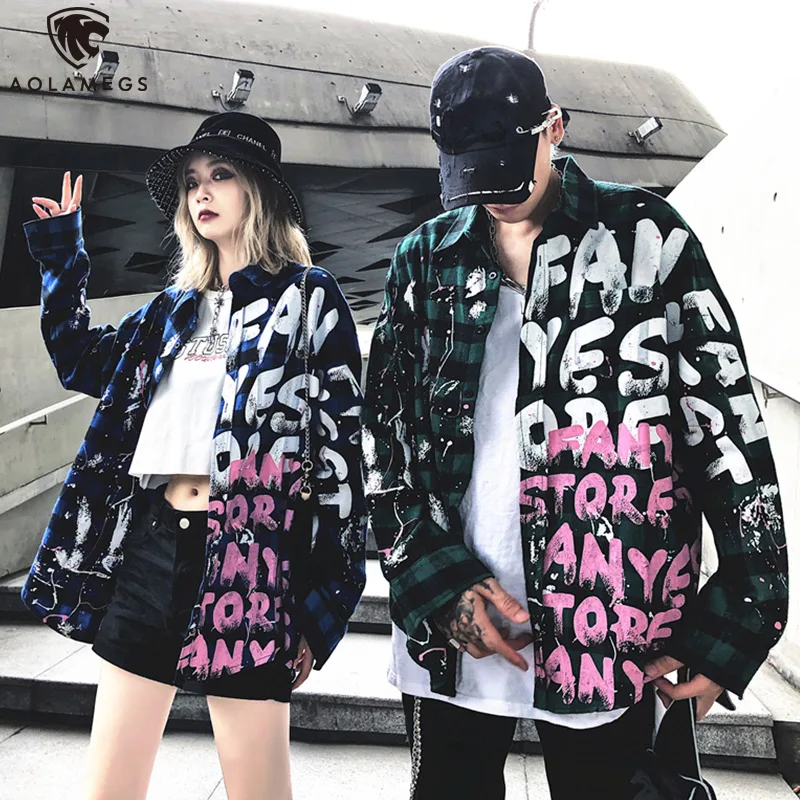 

Aolamegs Men Shirts Letter Print Shirts Hip Hop Style Full Sleeve Shirt Fashion Casual Oversize Couple High Street Streetwear