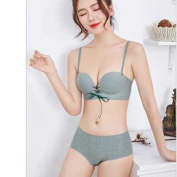 

Elovegirl Striped Bra Set Women Solid Color Bralette Thin Section Lingerie Set No-Steel Ring Bras and Comfort Hip Lift Panty Set