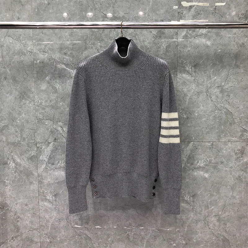 TB THOM Sweater Autunm Winter Sweaters Male Fashion Brand Men's Clothing Wool 4-Bar Stripe Turtleneck Knit Gray TB Sweaters