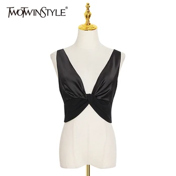 

TWOTWINSTYLE Elegant Shirt Women V Neck Sleevelss Short Sexy Backless Casual Bow Blouse For Female Fashion Clothing 2020 Spring