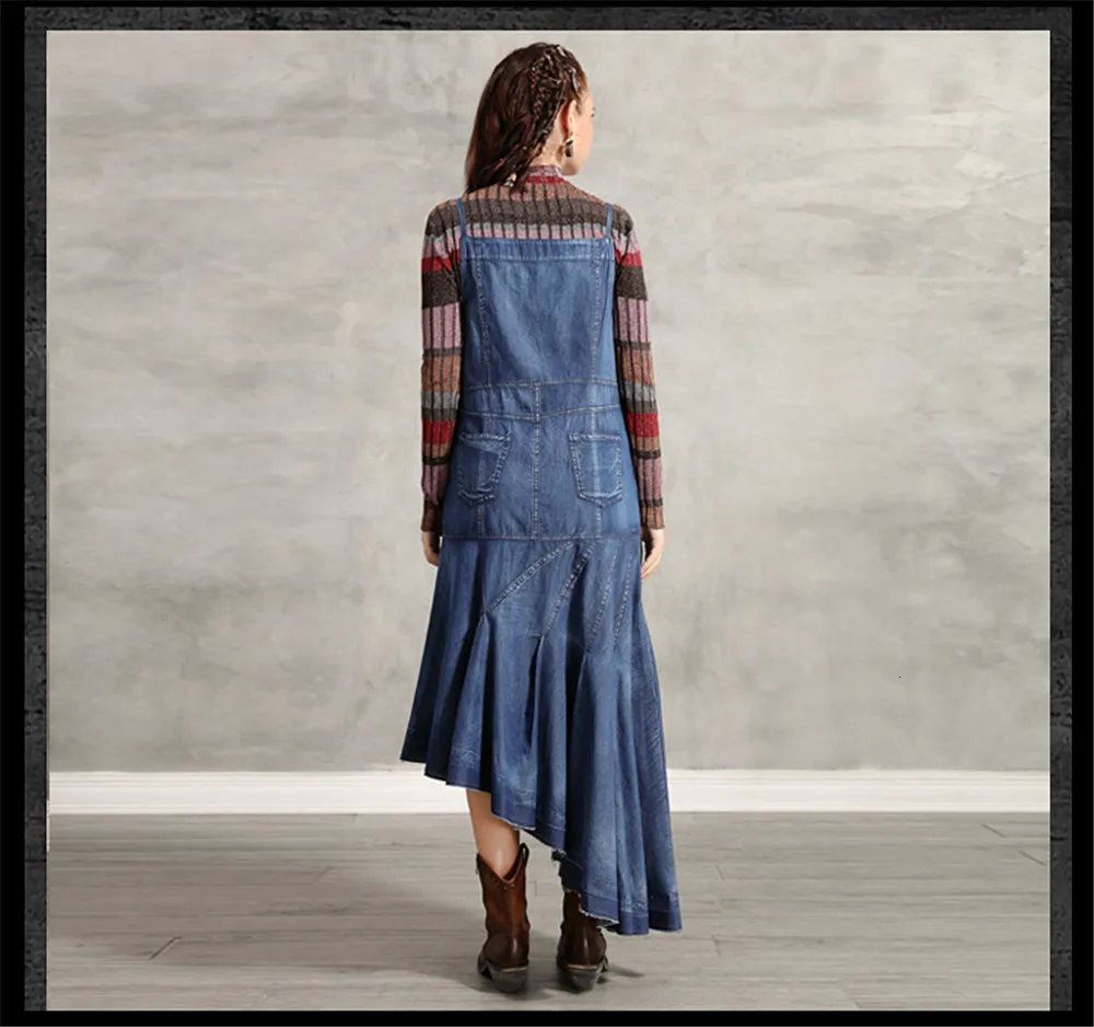 Vintage Denim Women's Dress 2019 Embroidery Braces Dresses Asymmetrical Long Women Strap Dress Vestidos A82193 Draped Dress (17)