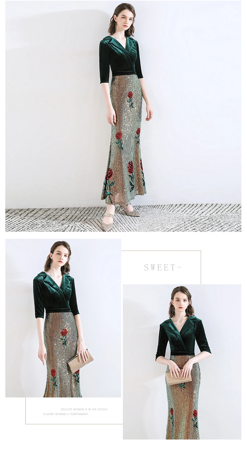 AE686 Robe De Soiree сексуальное платье с v-образным вырезом и рукавами средней длины, зеленое длинное вечернее платье с блестками, элегантные вечерние платья