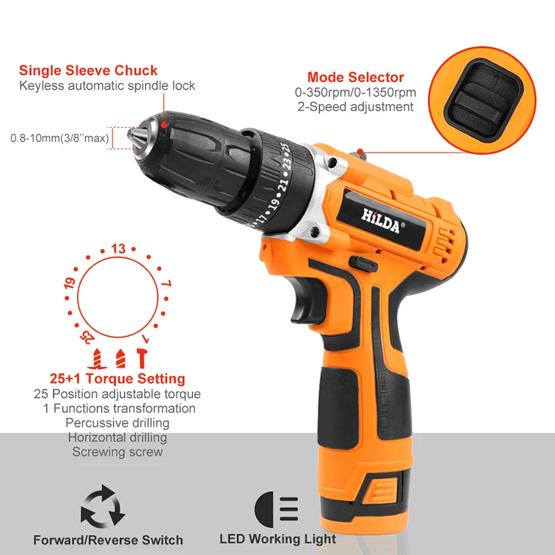 

Electric Impact drill 25+1 Torque Power Tools 2-Speed Cordless Impact drill Drill With lithium battery Electric Screwdriver