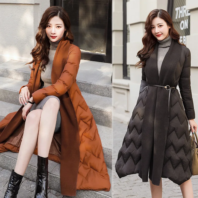 

2019 Winter New Style Korean-style Cotton Coat Waist Hugging with Belt Joint Sweater-Cotton-padded Clothes