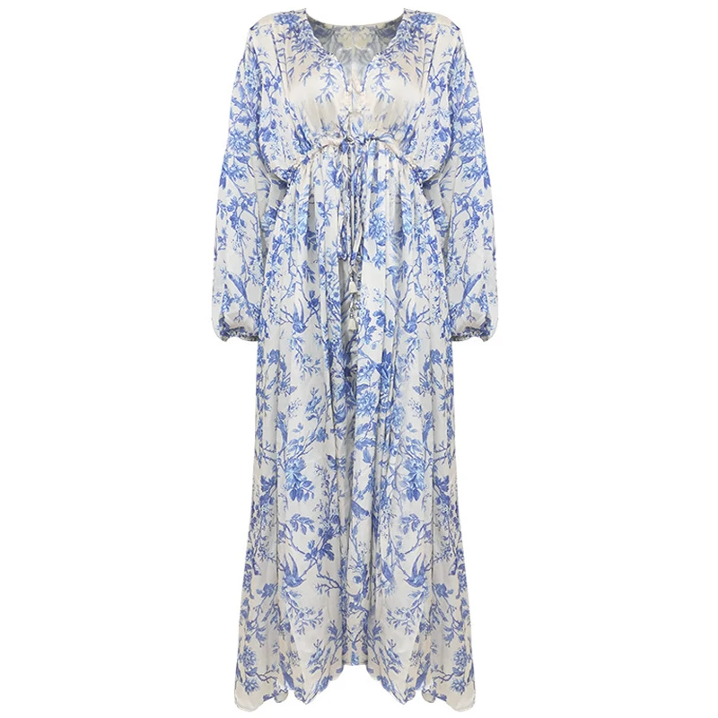 

Red RoosaRosee Designger Women Autumn Dress Long Sleeve Fashion V Neck Blue Flower Print Adjust Wait Buttons Midi Vestidos Robe