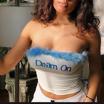 

White Tube Tops Sexy Slim Plushed Off-shoulder Cami Letter Embroidery Backless Women Tube Top