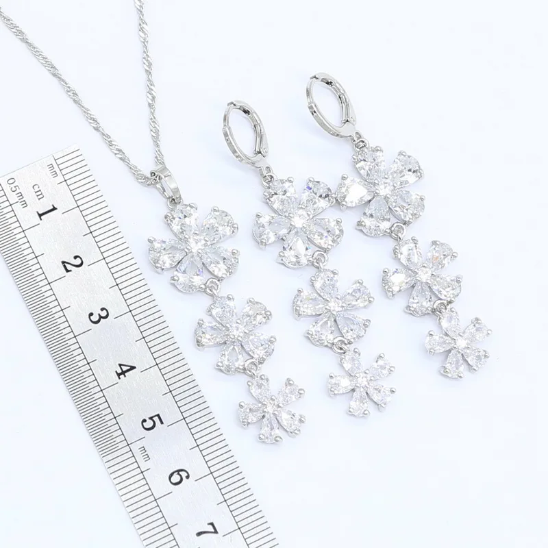 Белый Циркон Серебряный свадебный набор украшений для женщин браслет серьги ожерелье кулон подарок на день рождения