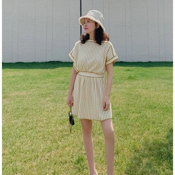 

2020 Runway Designer Women Knitted Dress Elegant Summer Lurex Striped Batwing Sleeve Drawstring Loose Sweater Female Dress