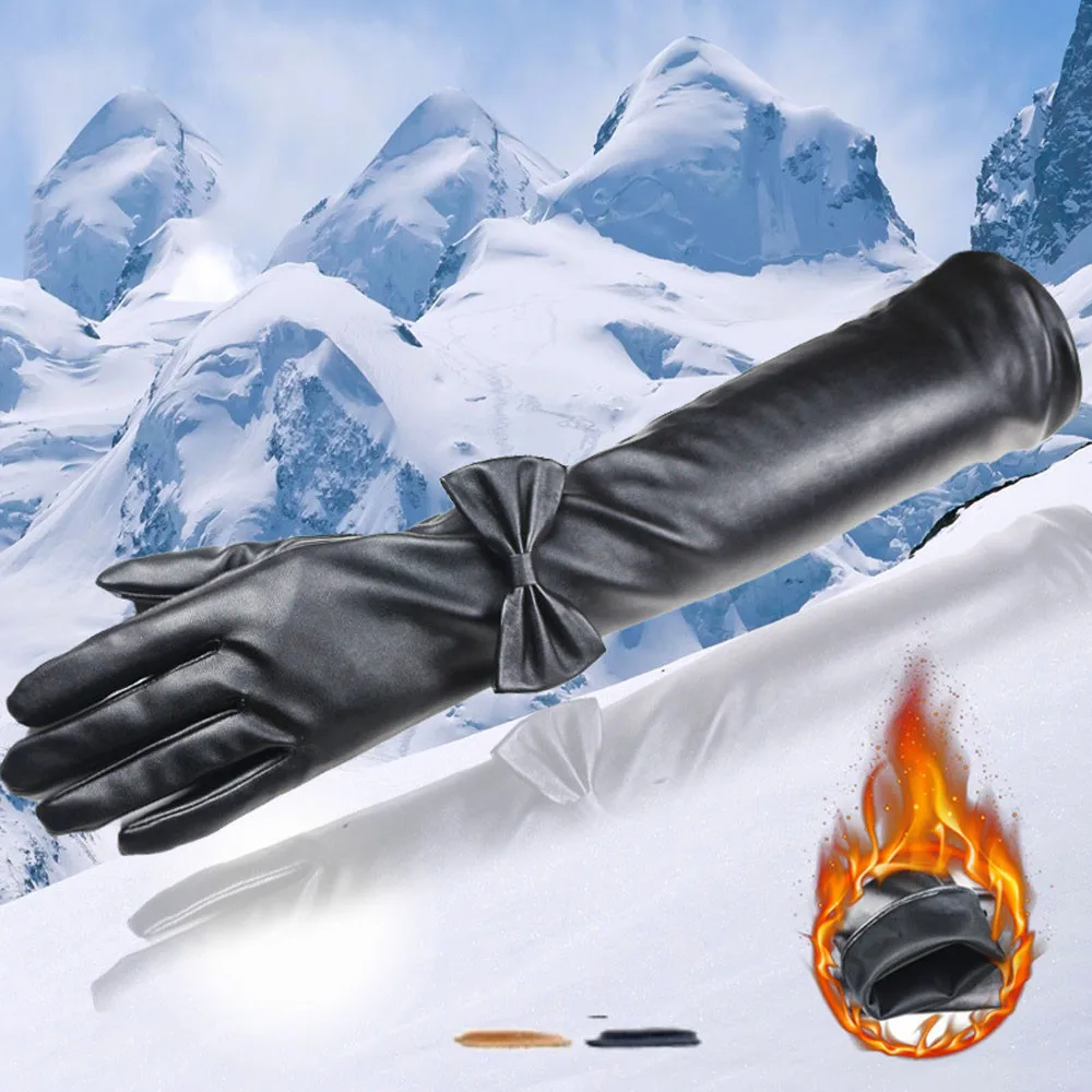 Women Girl Luxurious PU Leather Winter Super Warm Gloves Cashmere A20