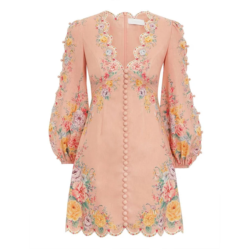 

Zim high quality sexy V-neck holiday seaside travel print Ruffle bubble sleeve flower silk cotton dress dress