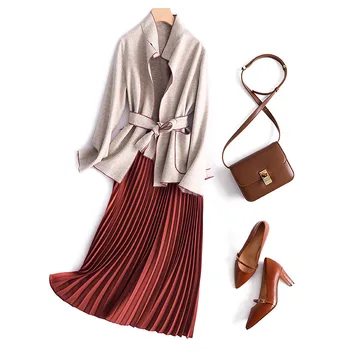 

High quality 2020 NEW fashion new woolen coat women long section pleated skirt suit casual elegant pleated skirt set female