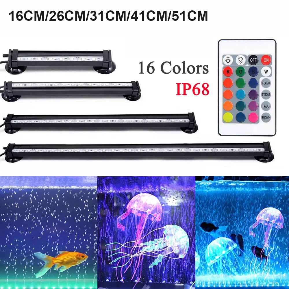 Aquarium Light LED 16- 51CM 5050 RGB Waterproof Remote Control Lamp Aquarium Fish Tank Underwater Submersible Light D30