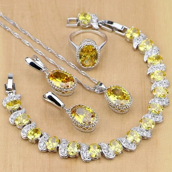 

925 Silver Jewelry Yellow Cubic Zirconia Jewelry Sets for Women Earrings/Pendant/Necklace/Rings/Bracelet
