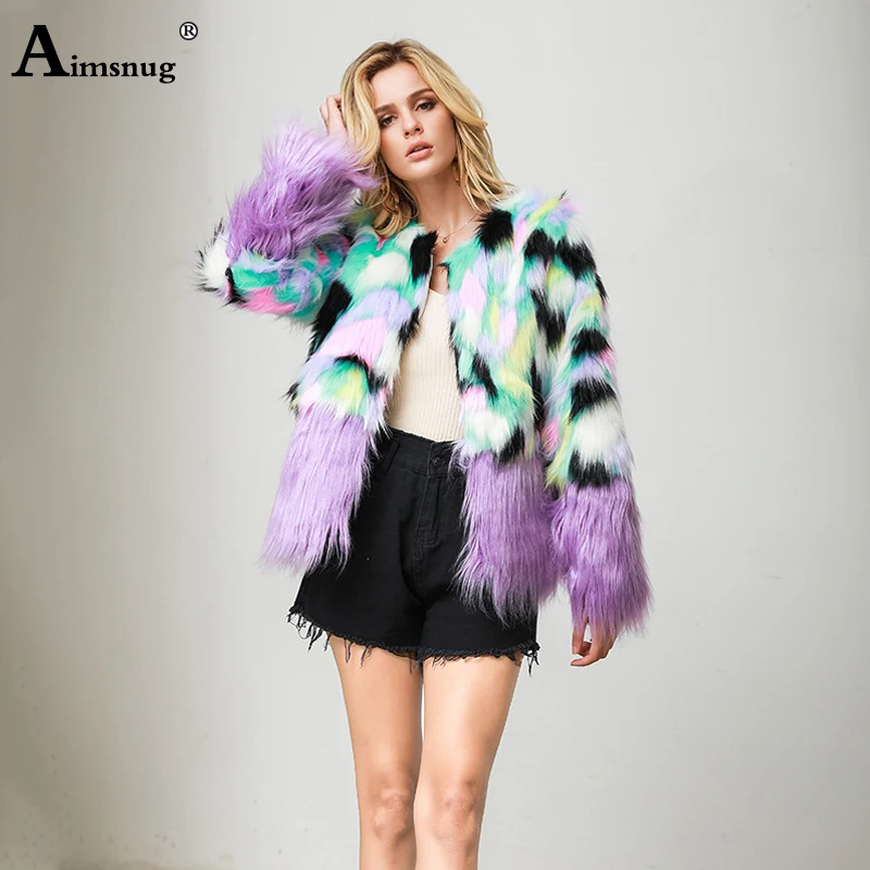 

Plus Size S-4xl 2019 Autumn and Winter New Multicolor Female Coat Faux Fur Round Neck Plush Flocking New Women Coat Faux Fox Fur