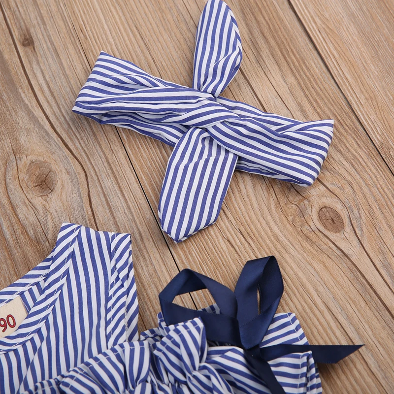 2020 Fashion Sweet Lovely Summer Dress Toddler Baby Girls Off Shoulder O-Neck Bow Blue Striped Straight Mini Dress Outfit Party