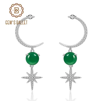 

GEM'S BALLET 925 Sterling Silver Moon Star Earrings Natural Green Agate Gemstone Drop Earrings for Women Fine Jewelry