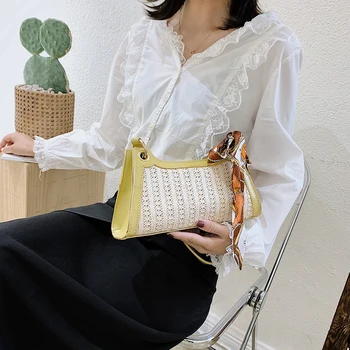 

Woven Straw Women Handbag Female Beach Silk Scarf PU Underarm Shoulder Tote Bags Fashion Exquisite Shopping Bag