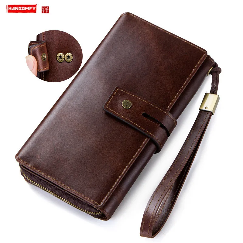 

Genuine Leather Men Wallet Crazy Horse Leather European and American Tri-Fold Clutch Bag long purses large capacity phone bags