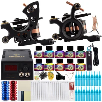 

Complete Tattoo Machine Set Tattoo Kit 2 Coils Guns 10 Colors Inks Black Power Supply Needles Grip Permanent Makeup Tattoo Set