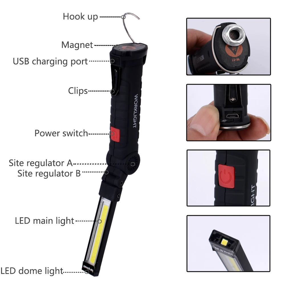 Портативный фонарик 5 режимов COB рабочий контрольный свет перезаряжаемый usb-фонарик светодиодный магнитный рабочий свет COB фонарик крюк свет o