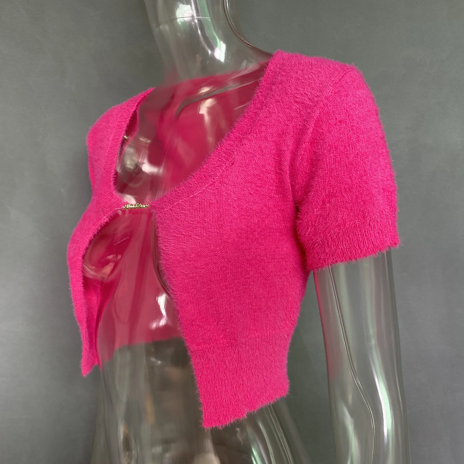 Cárdigan corto elegante, suéter de manga corta de punto de mohair, camisetas sin mangas con letras y cadena para mujer, novedad 2025