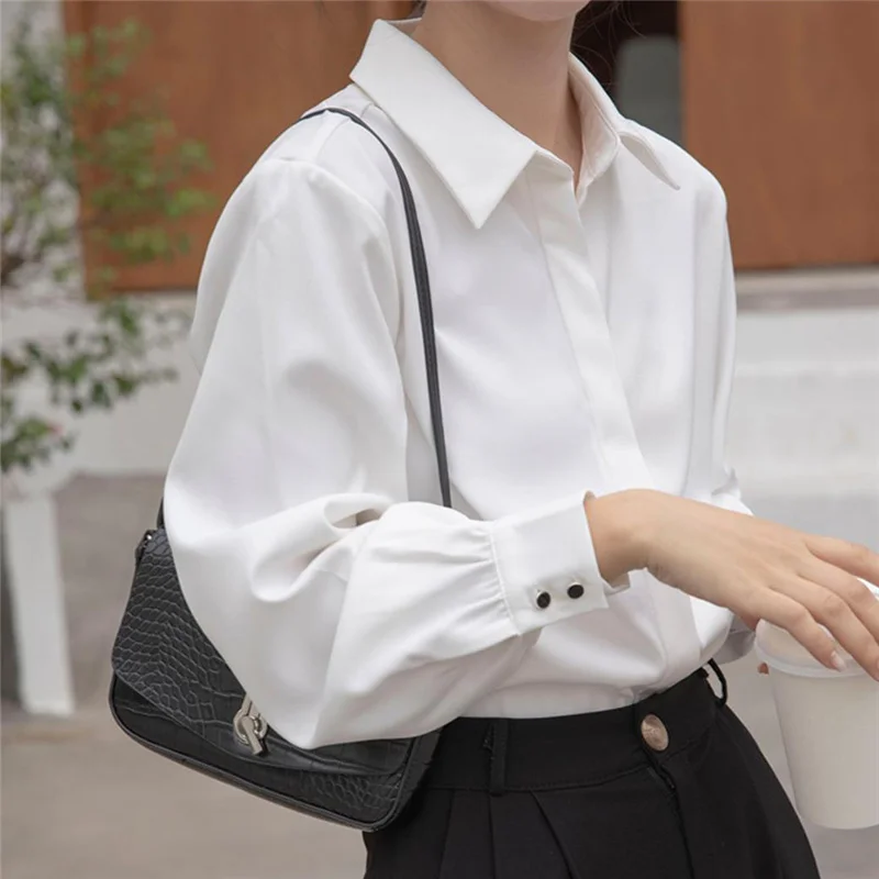 Aelegantmis Soft Office Lady White Shirt for Women Blouse Turn-down Collar OL Woman Blouse Covered Button Design Femme Tops New 5