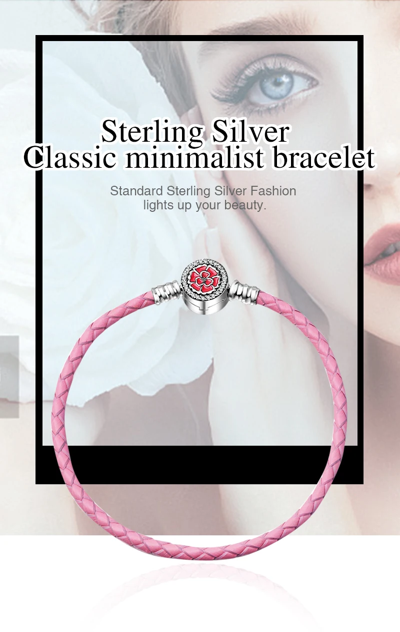 Stellgirl 925 стерлингового серебра Классический минималистичный цветок эмаль розовый кожаный браслет цепочка змея модные ювелирные изделия для женщин подарок