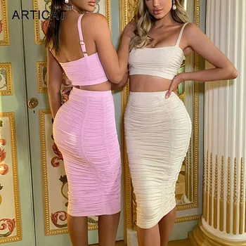 

Articat Sexy Bodycon Two Pieces Set Dress Women Spaghetti Strap Crop Tops Ruched Sheath Midi Skirt Suit 2020 Streetwear Clothes