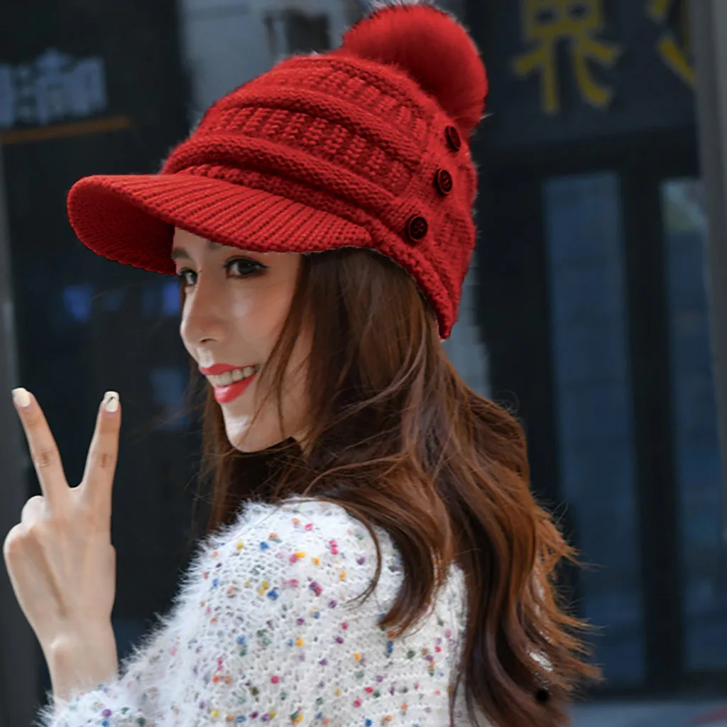 Кнопки для меха с помпоном, одноцветные, женские, в полоску, с переплетением, зимние, теплые, плюс бархат, головные уборы для девушек, уличные, толстые, вязаные, теплые шапки
