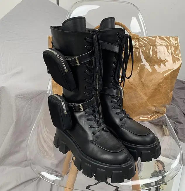 Новое поступление года; стильные мотоботы с карманами; красивые черные военные ботинки на шнуровке и толстой подошве; полуботинки - Цвет: Single shoes