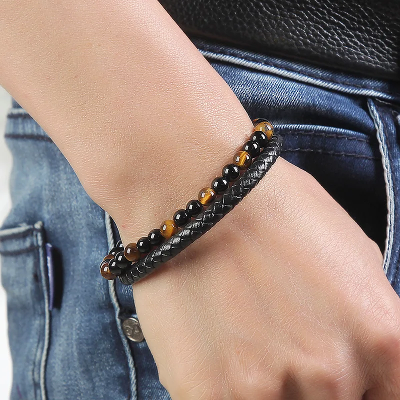 

Cowhide Magnetic Buckle Bracelet Mixed Color Tiger Eye Stone Hand String Handmade Men's Bracelets