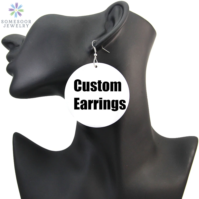 SOMESOOR Multi-Szies Customized Round African Wooden Drop Earrings Front Back Print Handmade Wood Dangle Jewelry For Women Gifts