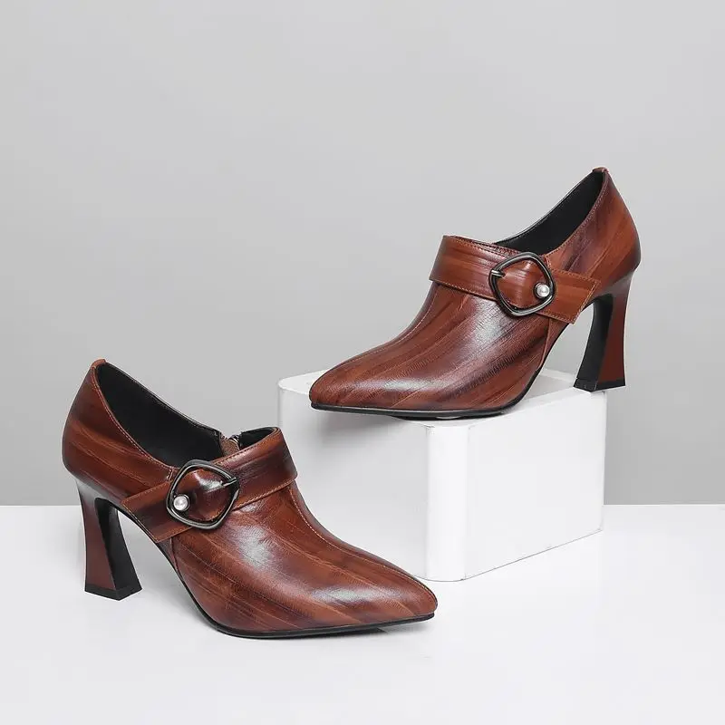 ALLBITEFO natural genuine leather buckle square toe high heels leisure girl high thick heel shoes hot sale women platform shoes