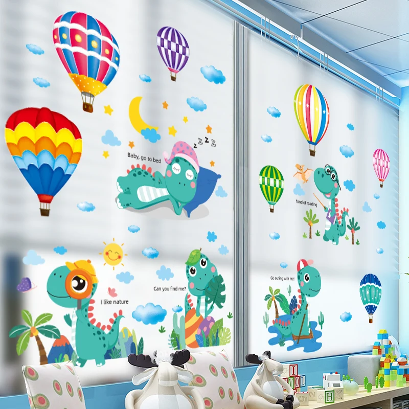 Cartoon Dinosaur Animals Wall Stickers Hot Air Balloons Wall Decals Home Decor 