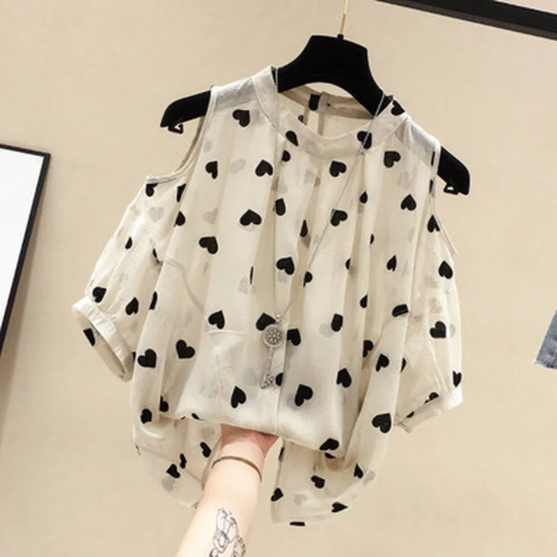 

Casual 3/4 Sleeve Summer White Tops Women Blouses Off Shoulder Chiffon Shirt Sweet Heart Leaf Cat Print Shirts Blusas Femininas