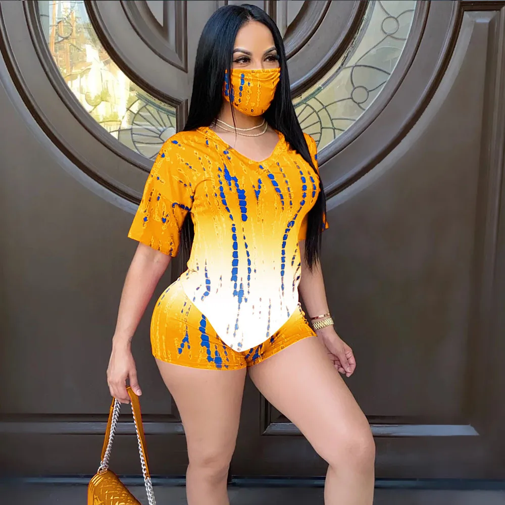 

Tie Dye Print Tracksuit Women Two Piece Set Casual Short Sleeve T-Shirt Top Biker Shorts Set Sportwear Joggers 2 Piece Outfits