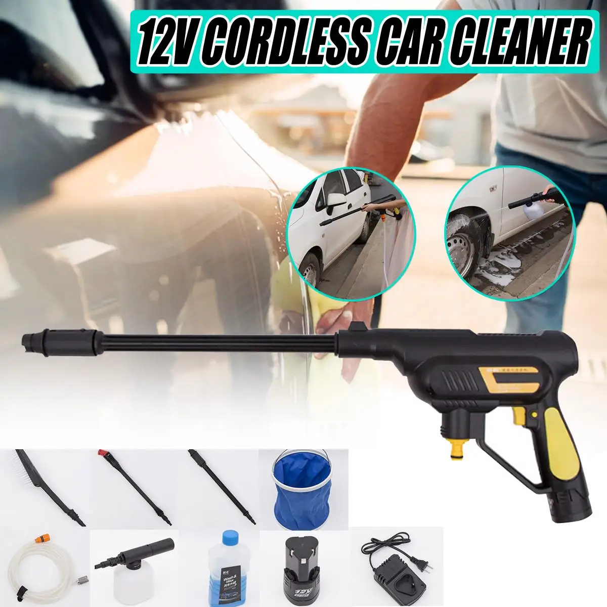 US $48.54 12V High Pressure Car Electric Cordless Washer Wash Pump Set Portable Cleaning Machine Car Cleaner Auto Washing Machine Kit