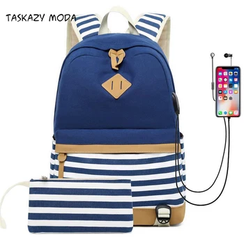 

Fashion USB Charging Port Backpack Set Striped Women Canvas Backpack Teenage Backpacks Girls Bagpack Female Mochila Feminina