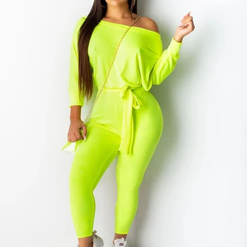 

Off One Shoulder Long Sleeve Solid Jumpsuits Skew Neck Sashes Bandage Plus Size Women Black Neon Green Orange Casual Streetwear