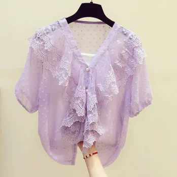 

Very Fairy Lace Ruffled V-neck Short Sleeve Shirt Female 2020 Summer Top New Korean Syle Casual Purple Lace Shirts Blouse Blusa