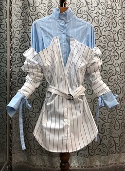 

2020 Early Spring New Women's Small Stand Collar Color Matching Stitching Lace-up Waist Hugging Fake Two-Piece Midi Top 407