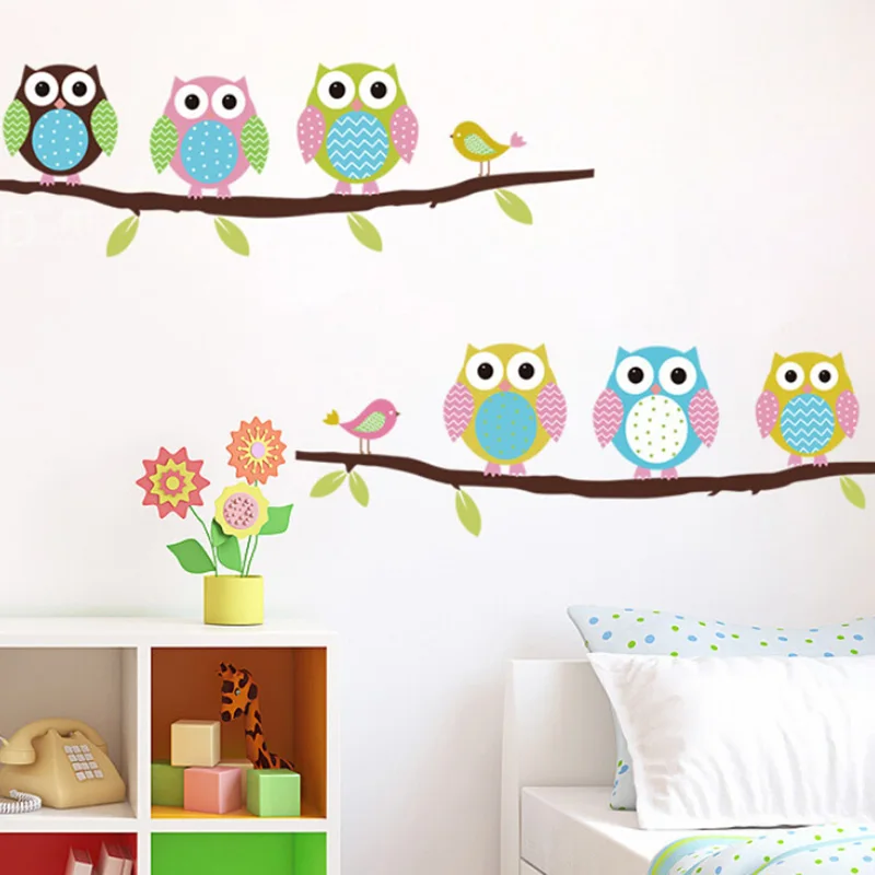 Cartoon Kids Room Bedroom Wallpaper Painted Decorative Sticker Cute Owl Animal Wall Stickers Parlor
