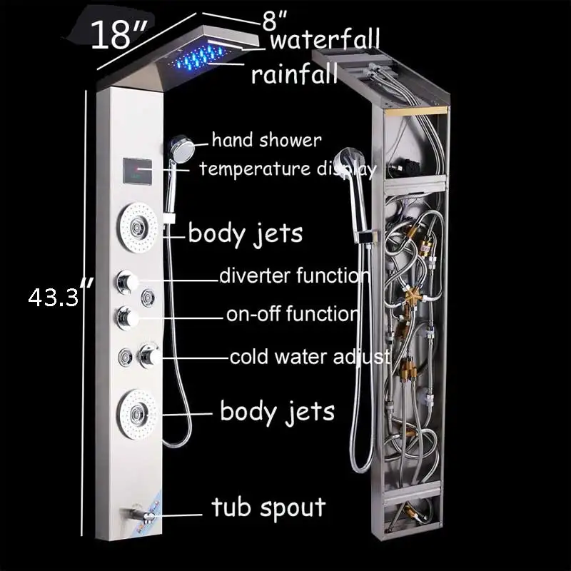 Светодиодный душ Панель ванны смеситель для душа Температура цифровой Дисплей ванной кран массаж тела Системы струй из нержавеющей стали башня душевая колонна кран