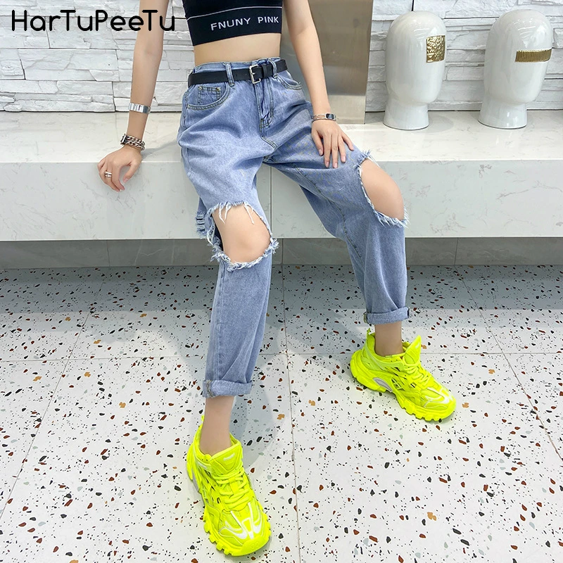 

Summer Jeans Women Elastic High Waist Denim Pants Hollow Out Tear Edge Plus Size Fit Blue Thin Casual Trousers Straight Pockets