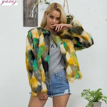 

Fluffy 2019 Fur Coat Women Winter Thicken Warm Long Sleeve O-neck Slim Contrast Color Outerwear Jacket Parkas Plus Size