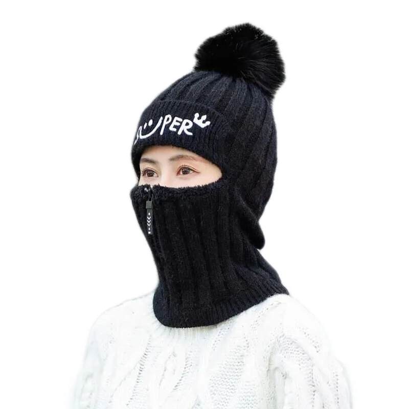 Новые толстые теплые зимние трикотажные изделия для женщин Embriodery Smile Face Beanie наушники на молнии украшения Gorro мех пом шапка с помпоном зима