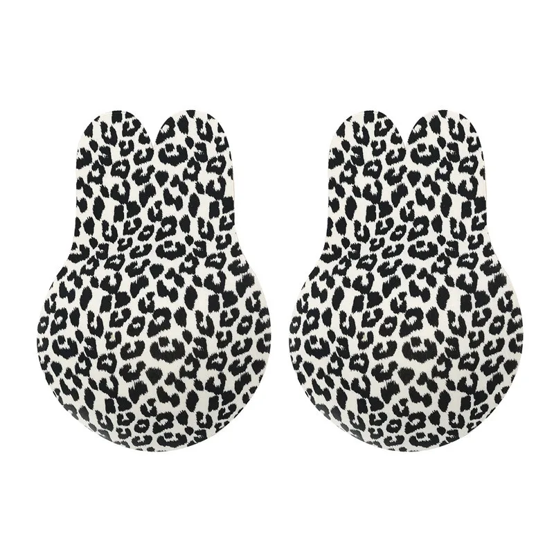 Женский невидимый бюстгальтер с милыми заячьими ушками и леопардовым узором, дышащий био-силиконовый чехол для сосков, антиобвисающие наклейки на грудь - Цвет: Black Leopard