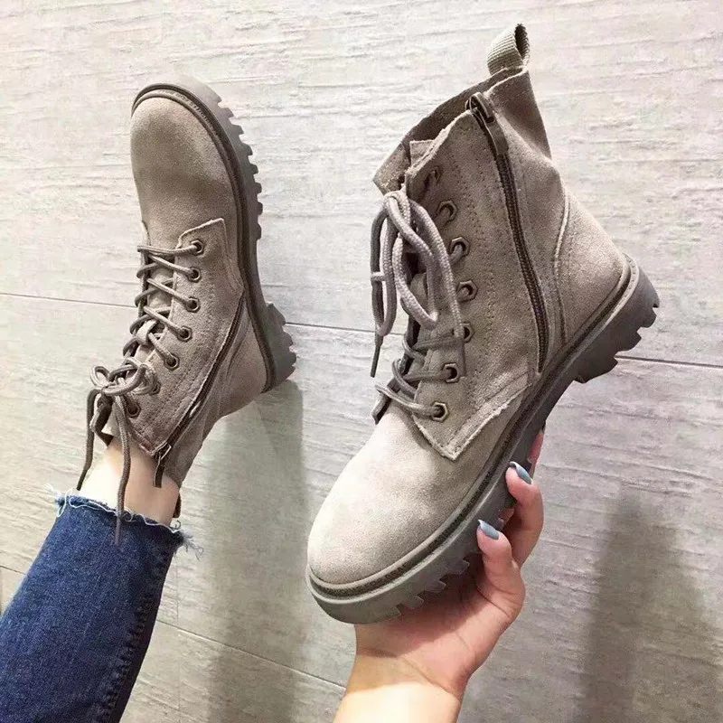 

Lace Up Round Toe Rock Shoes Woman Low Heels booties Women's Short Boot Lolita Boots Leather Booties Martins 2019 Ankle Genuine