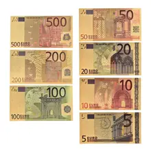 7 pces 5 10 20 50 100 200 500 eur notas de ouro em 24k ouro falso dinheiro de papel para coleção conjuntos de notas de euro