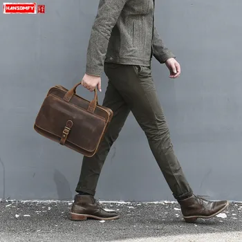 

Men Handbag Man Laptop Messenger Shoulder Bag Business Travel Cross Section Briefcase Real Cowhide Retro Crazy Horse Leather Big